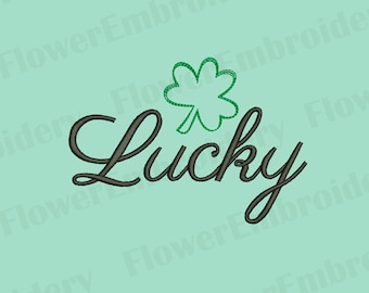 Peut inclure: Texte en cursive noire qui dit "Lucky" avec un trèfle à quatre feuilles vert au-dessus du mot.
