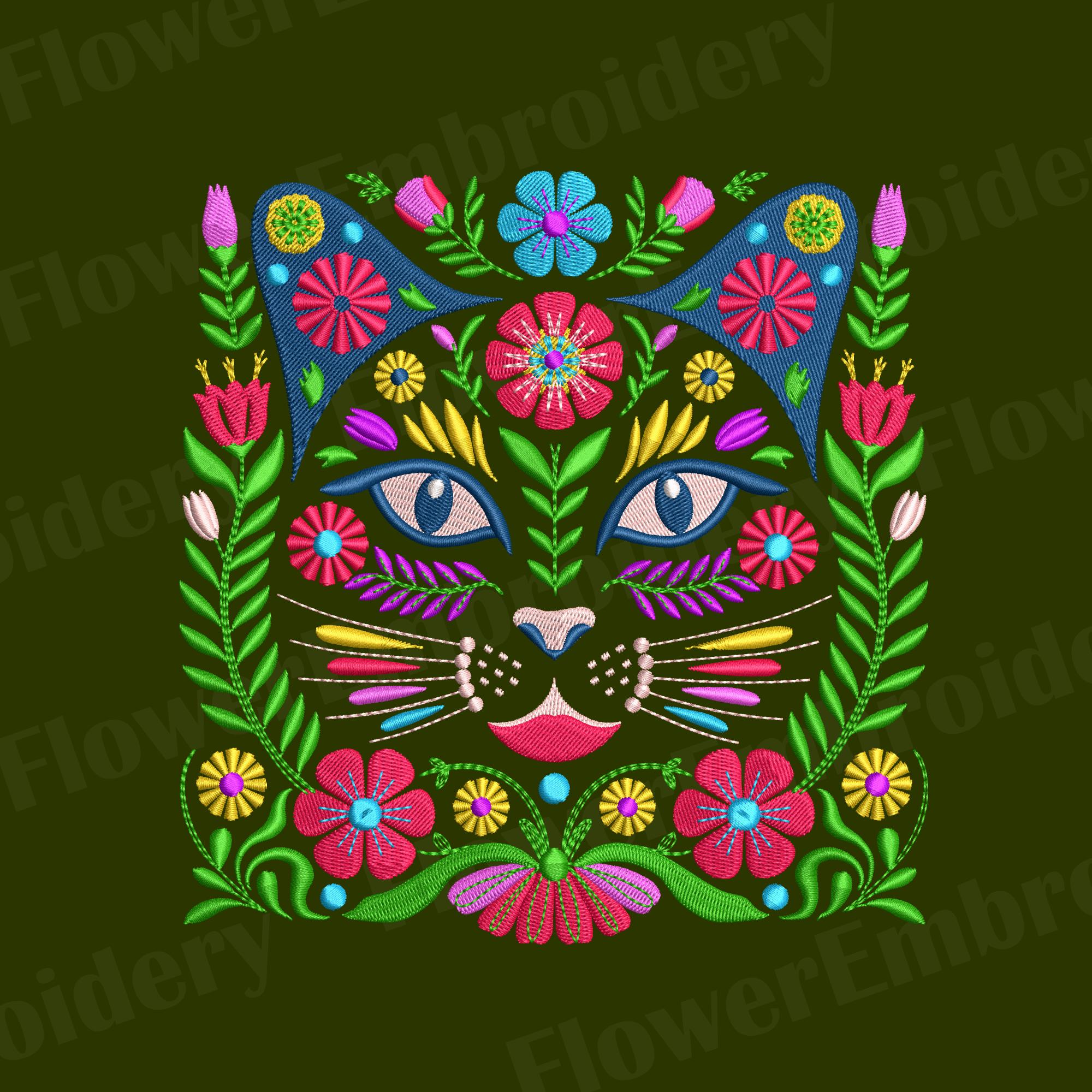Mexican Otomi Cat Embroidery Design: Floral Machine Embroidery