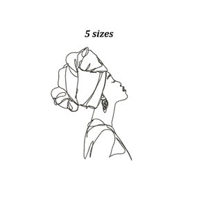 Può includere: Illustrazione di linea d'arte di una donna con un foulard in testa, che guarda in alto. L'illustrazione è in bianco e nero.