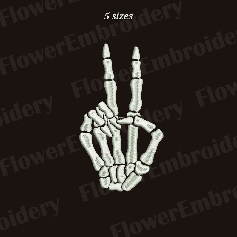 May include: A white skeleton hand making the peace sign. The hand is outlined in white and the background is black.
