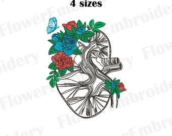 May include: Embroidery design of a kidney with floral accents. The kidney is outlined in black and the flowers are red, blue, and green. The design includes a butterfly.