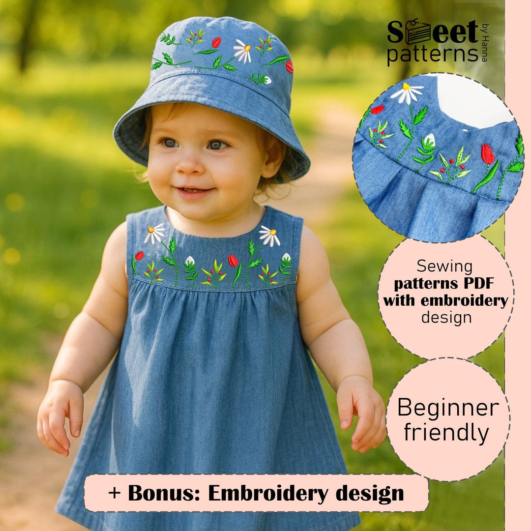 Kids Dress & Bucket Hat Sewing Pattern With Embroidery (PDF Download ...