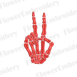 May include: Red skeleton hand making the peace sign. The hand is stylized to look like a skeleton with visible bones.