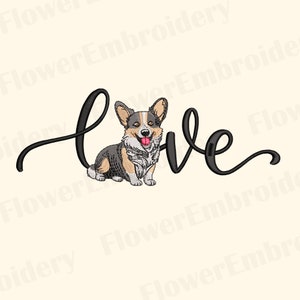 Könnte beinhalten: Schwarze kursive Schrift, die "love" buchstabiert, mit einem Cartoon-Corgi-Hund, der in der Mitte des Wortes sitzt.