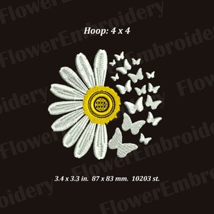 May include: White daisy with a yellow center and a cluster of white butterflies flying out of the side of the flower. The design is on a black background. Hoop: 4 x 4. 3.4 x 3.3 in. 87 x 83 mm. 10203 st.