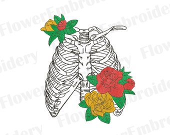 May include: A black and white line drawing of a ribcage with three flowers. The flowers are red, yellow, and green.