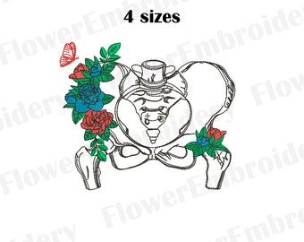 May include: A black and white line drawing of a human pelvis with a top hat and flowers. The flowers are red, blue, and green. The text "4 sizes" is written above the image. The text "DST, DSB, EXP, XXX, SEW, JEF, HUS, PES, PEC, VP3" is written below the image.
