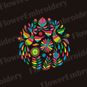 May include: Colorful embroidered design featuring stylized birds, flowers, and teardrop shapes in a circular pattern. The design is created with a variety of bright colors, including red, orange, yellow, green, blue, and purple.