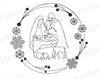 May include: A black and white line drawing of the nativity scene with Mary, Joseph, and baby Jesus. The scene is surrounded by snowflakes and floral designs.