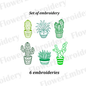Puede incluir: Conjunto de seis diseños de bordado que representan diferentes tipos de cactus y suculentas en macetas. Los diseños están delineados en verde y blanco.