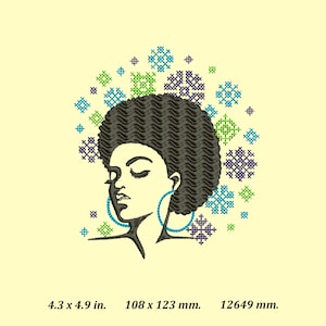 Puede incluir: Un dibujo en blanco y negro de una mujer con un peinado afro. La mujer lleva grandes pendientes de aro. El fondo es de color amarillo claro con un patr&oacute;n de dise&ntilde;os de punto de cruz de colores.