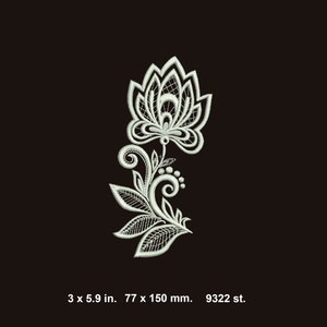 Può includere: Ricamo in pizzo bianco con un design di un fiore stilizzato con dettagli intricati. Il design misura 77 mm x 150 mm.