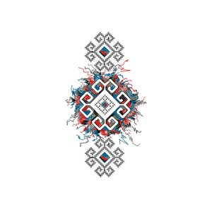 May include: A black and white geometric design with red and blue accents. The design is centered and surrounded by a burst of red, blue, and black lines.