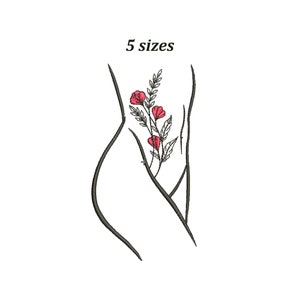 May include: Line art embroidery design of a body with a small cluster of red flowers on the side. The design is available in five sizes.