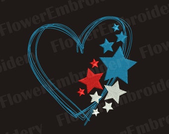 May include: A blue heart outline with red, white, and blue stars inside. The stars are arranged in a cluster, with the largest star in the center.