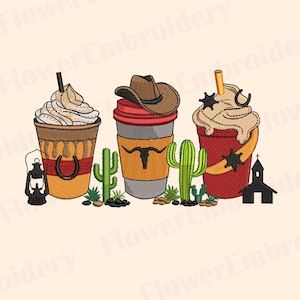 Western coffee drink machine embroidery design Western coffee cup design Howdy western bull skull embroidery design Cowboy embroidery