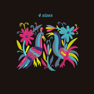 May include: Embroidered design featuring two colorful birds with long beaks and intricate floral patterns in shades of pink, blue, yellow, and green. The design includes the text "4 sizes".