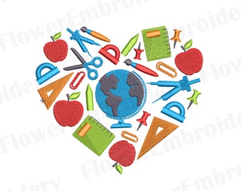 May include: A heart-shaped design made up of various school supplies, including red apples, a globe, a compass, a ruler, scissors, pencils, and a notebook. The design is perfect for back to school projects.