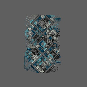 May include: A gray background features a vertical pattern of embroidered diamond shapes. The diamonds are filled with geometric designs in shades of blue, gray, and black. The edges of the pattern have a distressed, frayed appearance.