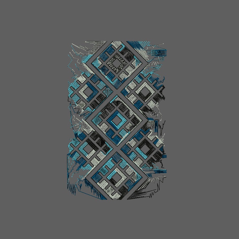 May include: A gray background features a vertical pattern of embroidered diamond shapes. The diamonds are filled with geometric designs in shades of blue, gray, and black. The edges of the pattern have a distressed, frayed appearance.