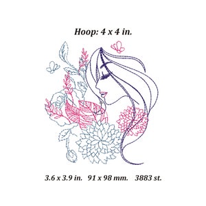 May include: Embroidered design of a woman's face with closed eyes, surrounded by flowers and butterflies. The design is in blue and pink thread and measures 3.6 x 3.9 inches, or 91 x 98 millimetres. The hoop size is 4 x 4 inches.