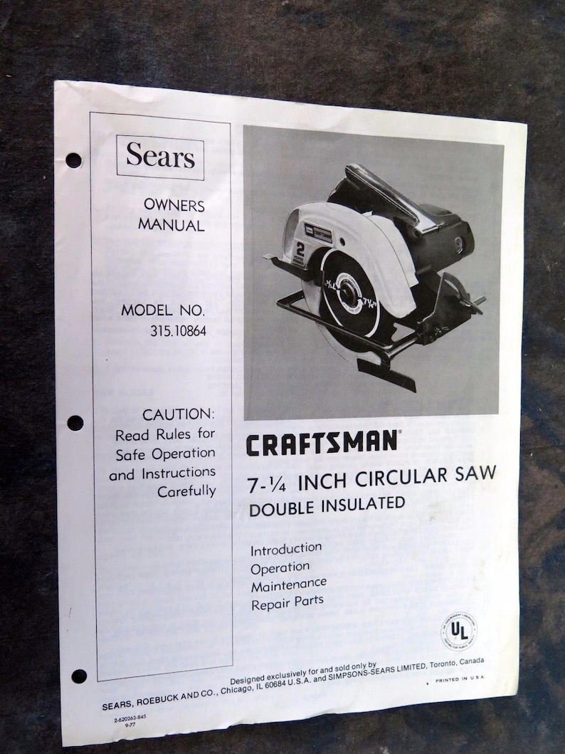 Sears Craftsman 7.5 Inch Circular Saw Owner's Manual Model | Etsy
