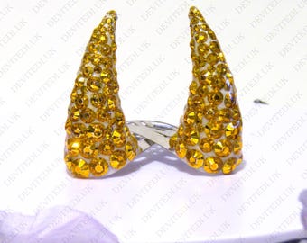 Horn Hair Clips | Gold Rhinestone Gem Devil Oni Demon | Horns Tiny Mini Hairclips | For Costume, Cosplay, Photoshoots, Every Day Casual