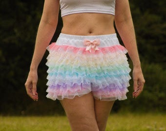 Ruffle Shorts Bloomers | Pastel Rainbow White | Elasticated Waistband | Cotton Jersey Fabric | Perfect For Casual Wear And Events