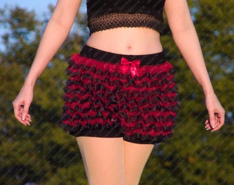 Ruffle Shorts Bloomers | 'Vampire Queen' Black Wine Red | Gothic Aesthetic | Elasticated Waistband | Cotton Jersey Fabric