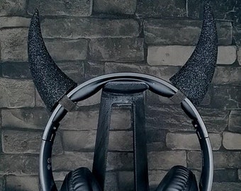 Headset Horns Devil, Black Glitter Headphones Accessory, VELCRO® Brand ONE-WRAP® Reusable Ties, For Streaming Gaming Costume Cosplay