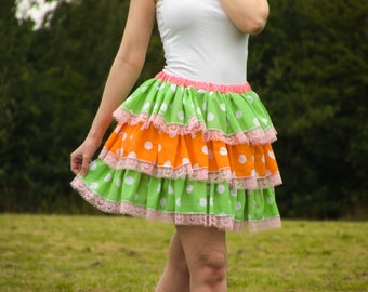 Ruffle Tier Skirt | Summer Polka Dot Green Orange Pink | Elasticated Waistband | Polycotton Fabric | Perfect For Casual Wear