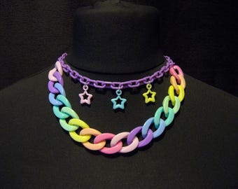 Pastel Rainbow Chunky Chain & Star Charm Necklace
