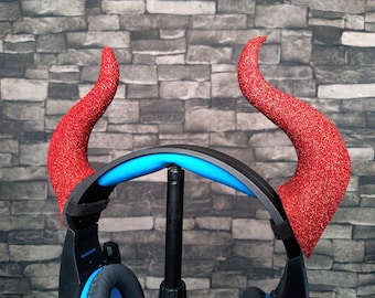 Headset Horns Demon Glitter Red | Headphones Accessory | VELCRO® Brand ONE-WRAP® Reusable Ties, Perfect For Streaming Gaming Costume Cosplay