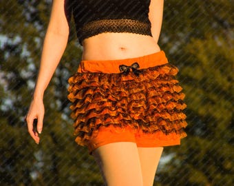 Ruffle Shorts Bloomers | 'Pumpkin Pie' Orange Black | Halloween Special | Elasticated Waistband | Cotton Jersey Fabric | Spooky Season