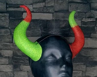 Demon Horns | Red Green Glitter | Elastic Fastening | For Costume And Cosplay