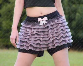 Ruffle Shorts Bloomers | Black With Pink & Black Lace Ribbon | Elasticated Waistband | 100% Cotton Jersey | Perfect For Casual And Events