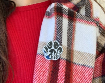 Adventure Dog Paw Pin | Hiking Dog Pin | Jacket Pin | Mountain Adventure Pin | Dog Hiking Pin Black and White