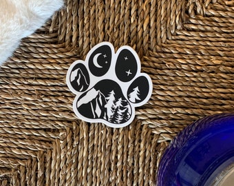 Adventure Dog Paw Sticker | Hiking Dog Decal | Wanderlust | Paw Print Mountain Adventure | Dog Lover Hiking Sticker Black and White