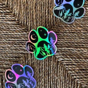 Holographic Adventure Dog Paw Sticker | Hiking Dog Decal | Laptop Sticker | Mountain Adventure Sticker | Dog Hiking Sticker holographic