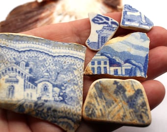 Lugares de vivienda: 5 fragmentos de cerámica marina escocesa, sauce azul vintage y transferware azul Cerámica marina escocesa/China con viviendas.