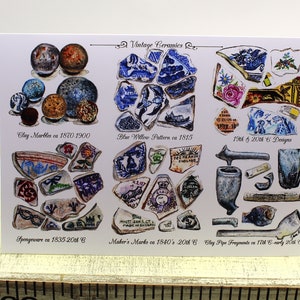carte de voeux d'art d'identification de céramique vintage - de ma peinture à l'huile originale d'une variété de fragments de poterie antique de mer. Formats A4 et A3.