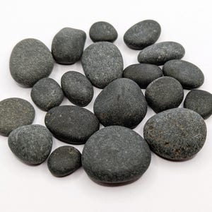 Peut inclure: Une collection de vingt galets de rivière lisses et gris foncé de tailles et de formes variées. Chaque pierre présente une surface mate et texturée avec des variations naturelles de tons, allant du charbon au gris ardoise, en groupe.
