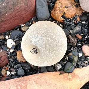 May include: A smooth, white, round stone with a small hole in the centre. The stone is surrounded by smaller, black, brown, and grey stones.