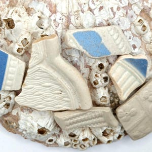 May include: A close-up of a mosaic made of broken pieces of white and blue ceramic tiles. The tiles are arranged in a random pattern and are set in a white mortar. The mosaic is on a white background.
