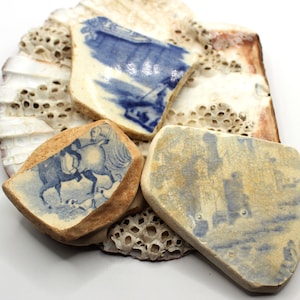 May include: A collection of blue and white ceramic tiles with various designs, including a horse and rider, a floral pattern, and an abstract design. The tiles are arranged on a white background with a textured shell.
