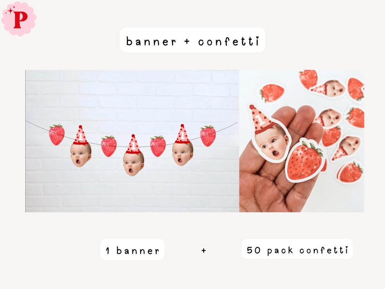 Berry 1st Birthday | 1st Birthday Face Garland | Strawberry Birthday Decorations Kit Banner + Confetti
