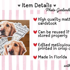 May include: A set of photo garland pennants featuring a golden retriever dog's face and the text 'my parents are getting married'. The item details list features including high quality matte cardstock, reusability, crisp printing, and production in Florida.