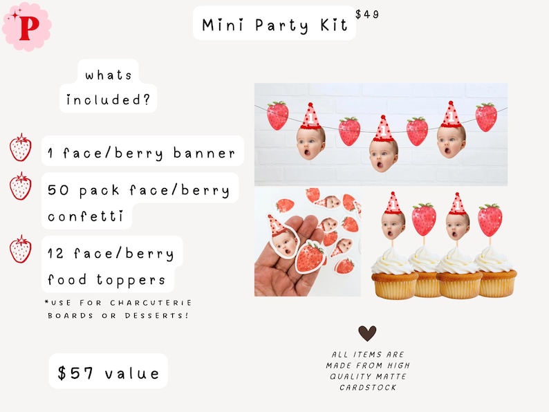 Berry 1st Birthday | 1st Birthday Face Garland | Strawberry Birthday Decorations Kit Mini Party Kit