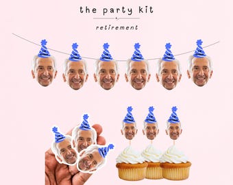 May include: A retirement party kit featuring a string of six cutouts of a smiling person wearing a blue party hat with the text I'M RETIRED. The kit includes additional individual face cutouts and three cupcake toppers with the same design.