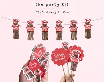 Kit de decoración para baby shower "She's Ready to Pop" / Guirnalda de botellas de refresco, adornos para cupcakes y confeti / Artículos para fiesta "Ready to Pop" / Tema de lazos